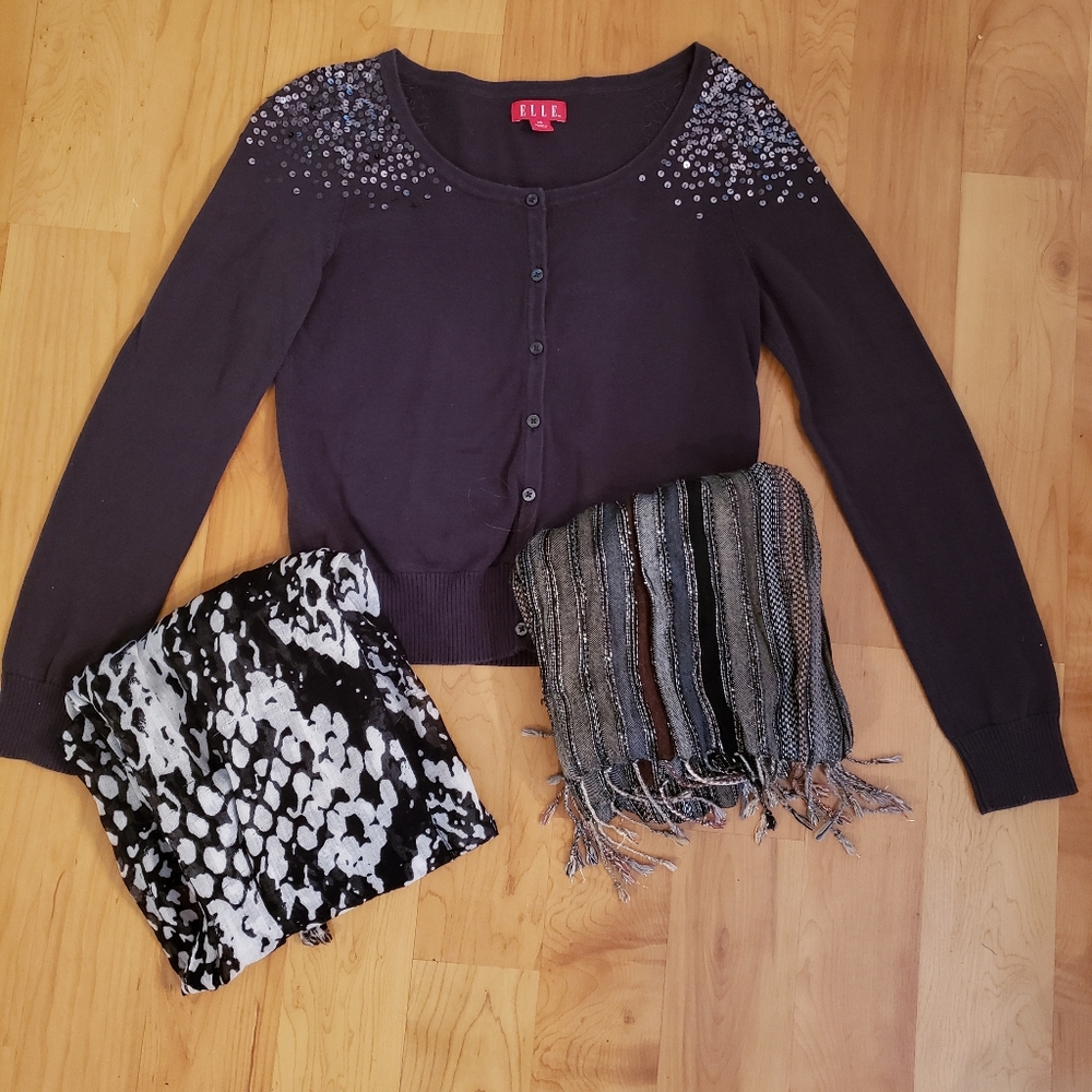 Charcoal Grey XS Cardigan by Elle, with Set of 2 Bonus Scarves